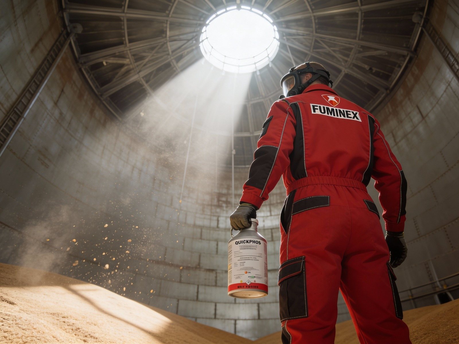 Técnico Fuminex en uniforme rojo dentro de silo industrial