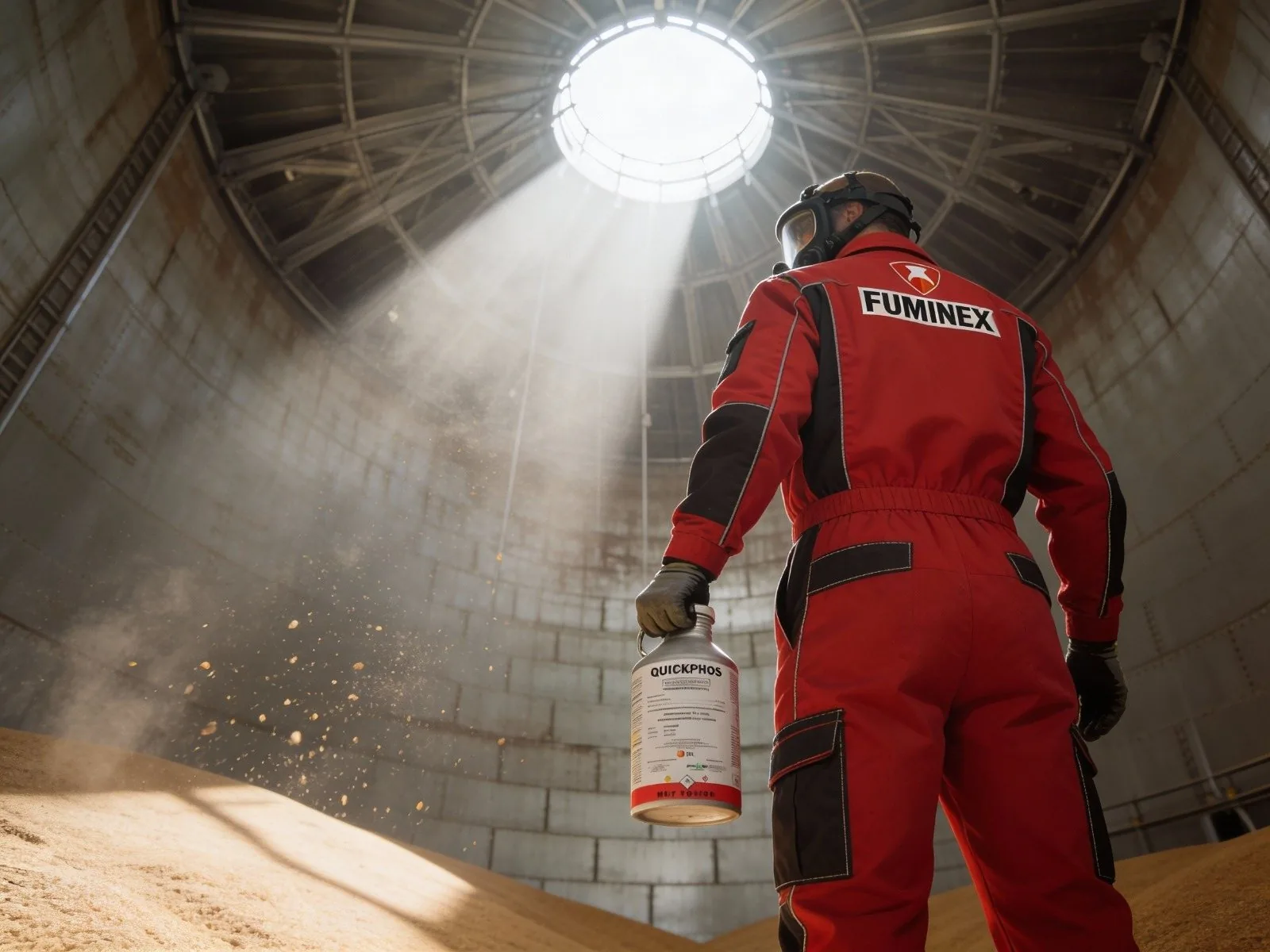 Técnico Fuminex en uniforme rojo dentro de silo industrial